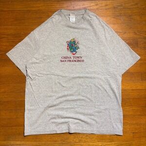 Vintage Y2K Dragon Embroidered China Town San Francisco T-Shirt XL Gray